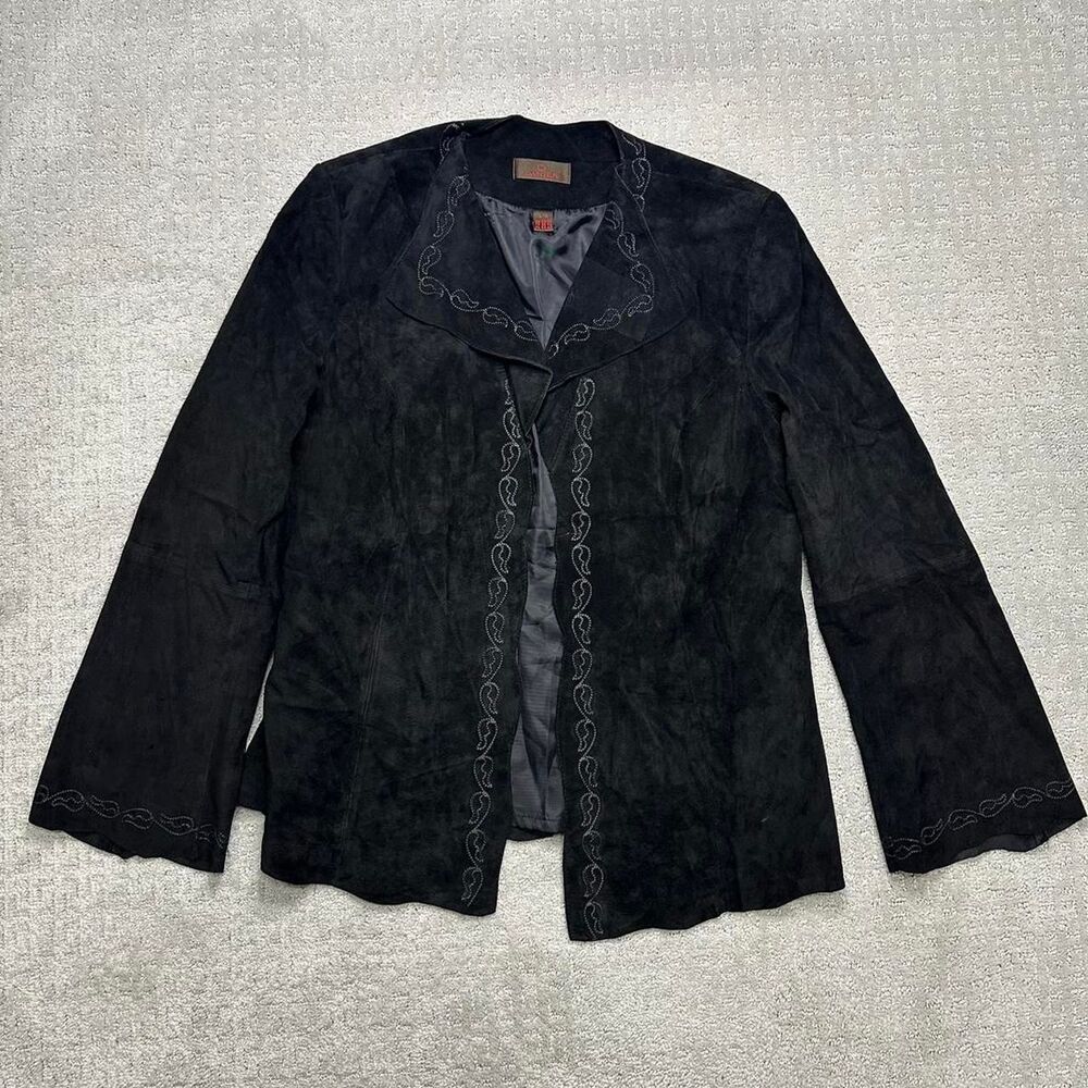 Black Danier suede leather embroidered blazer with bell sleeves